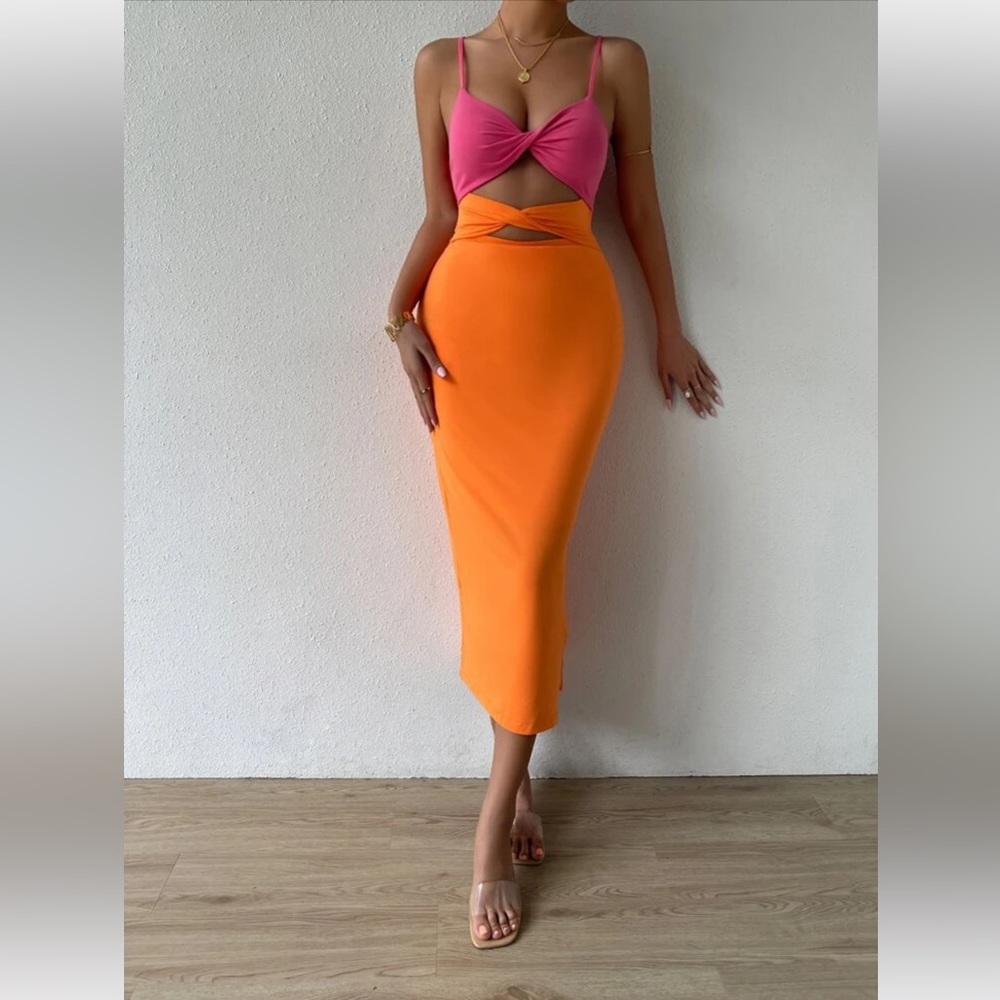 Two tone Orange and pink midi dress with slit split size 8 / 10 / Large Shein